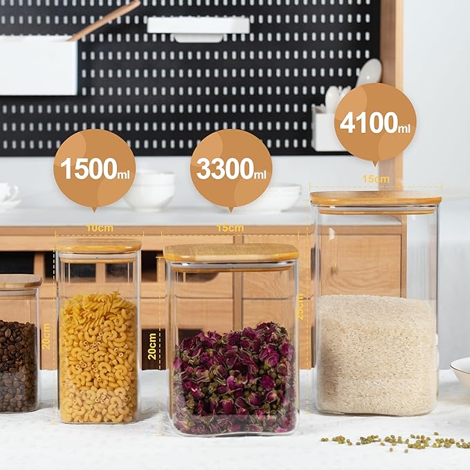 156oz 52oz Airtight Glass Square Storage Canister with Bamboo Lid Set of 2(4600ml*1 1550ml*1) Large Gallon Glass Jars for Sugar, Flour, Cookies and Coffee beans (?럚ith Black Lable)