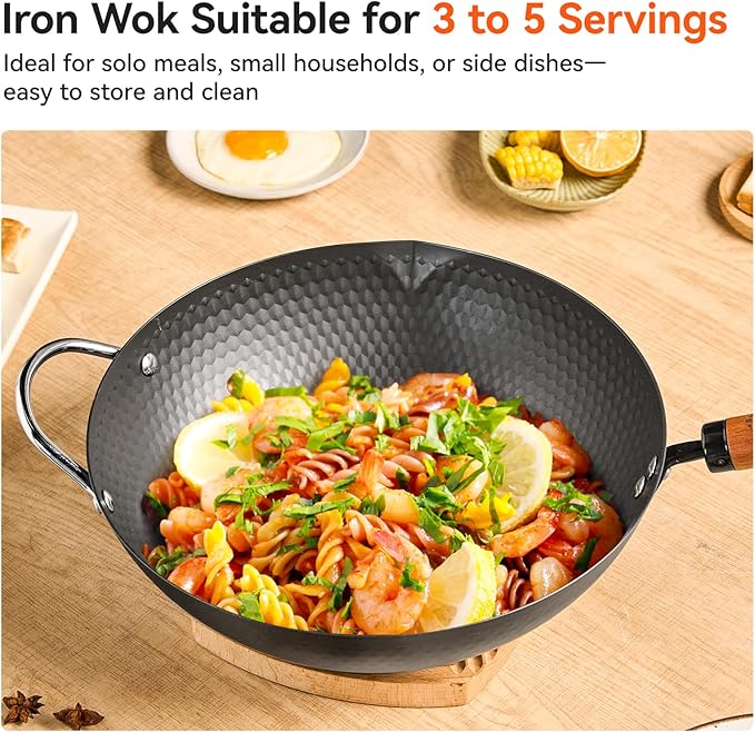 WANGYUANJI 12.6 Inch Iron Wok with Glass Lid and Iron Spatula, Flat Bottom Carbon Steel Wok Pan with Helper Handle, Non-Coated Stir Fry Pan for Induction, Gas and Electric Stoves