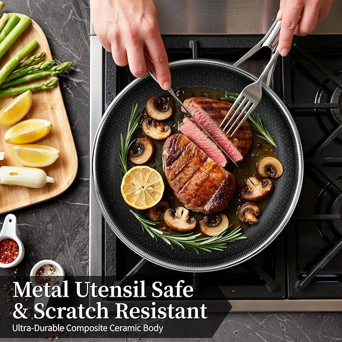 Non Stick Frying Pan 11 Inch,Stainless Steel Ceramic Skillet,Nonstick Cooking Pan,PFAS PFOA PTFE Free&Non Toxic,Induction Compatible-Gas&Electric Stovetops,Oven&Dishwasher Safe, Chef's Pan
