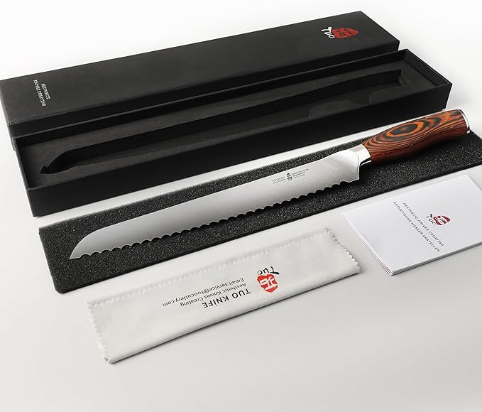 TUO Bread Knife, 10 inch Upgraded Serrated Knife for Homemade Sourdough Bread, High Carbon German Steel with Pakkawood Handle, Gift Box - Fiery Phoenix Series
