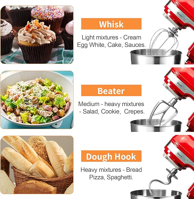 Geek Chef 3-IN-1 Stand Mixer, 4.8QT, 12 Speeds Tilt-head Food Mixer with Dough Hook, Whisk, Beater and Digital Scale with App, Red