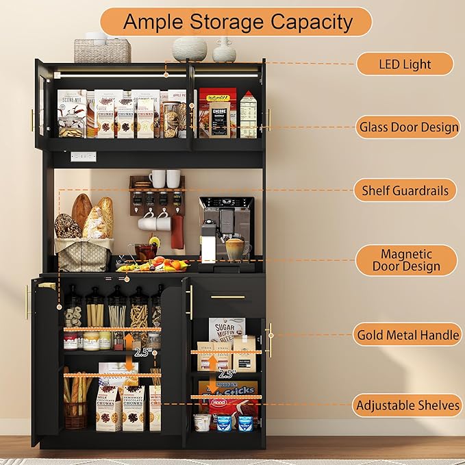 Tall Kitchen Pantry Cabinet with Hutch: Food Pantry Storage Cabinet with Drawers, Black Kitchen Cupboard Cabinets Free Standing, Buffet Hutch Cabinets with Doors and Shelves (Black)