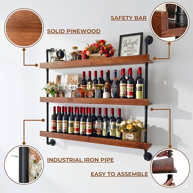 Industrial Wine Rack Wall Mounted, Solid Wood Shelf with Metal Pipe Brackets, 3-Tier Rustic Hanging Organizer for Wine Bottle Storage in Kitchen, Bar, Pub, Cellar(Walnut Brown, 48 Inch)