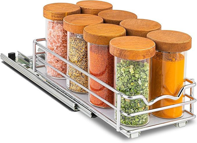 Pull Out Cabinet Organizer for Spices, Cans - Heavy Duty with Lifetime Limited Warranty- Pull Out Spice Rack- Cabinet Pull Out Shelf for Cans,Dishes, Etc, 4-1/2"W x 10-1/2"D x 2-3/4?쒱, Chrome