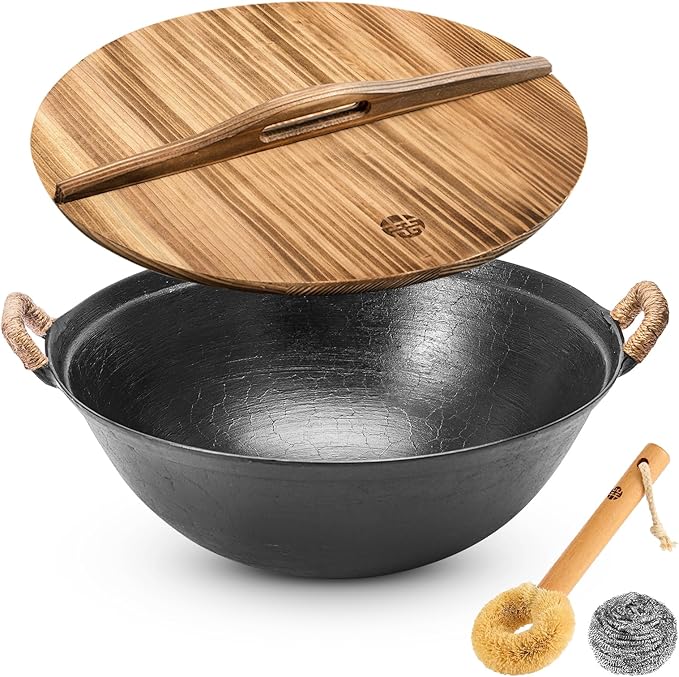 WANGYUANJI 11.8 Inch Handmade Cast Iron Wok with Dual Handles, Small Round-Bottom Chinese Wok for 1?? Servings, Uncoated Stir Fry Pan for Gas Stoves & Open Flame Cooking