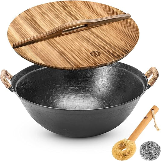 WANGYUANJI 11.8 Inch Handmade Cast Iron Wok with Dual Handles, Small Round-Bottom Chinese Wok for 1?? Servings, Uncoated Stir Fry Pan for Gas Stoves & Open Flame Cooking