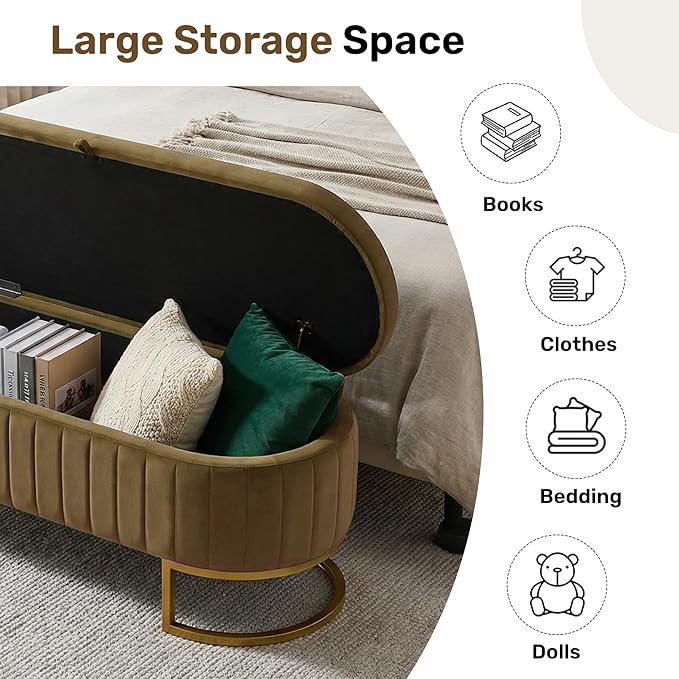 VIROL 51 Inch Storage Ottoman Bench Velvet End of Bed Storage Bench King Size Upholstered Tufted Bench Large Space for Bedroom Living Room Entryway Coffee