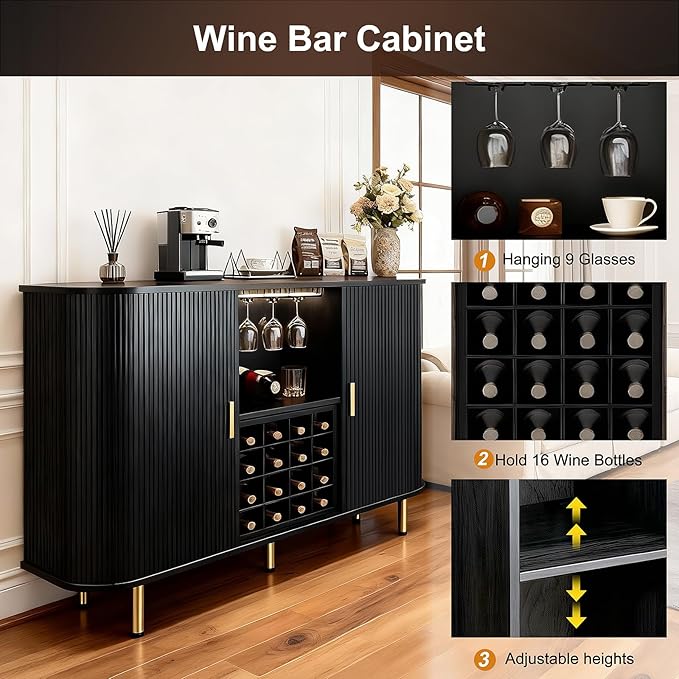 DHH 55" Wine Bar Cabinet with Storage, Fluted Liquor & Coffee Bar Cabinet with Wine Rack and Glass Holder, Buffet Sideboard with LED Lights for Home Kitchen Living Dining Room (Black)