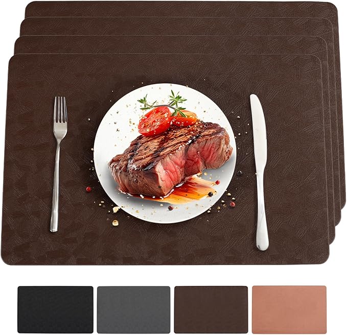 Bxzandya Vinyl Placemats Set of 4 Heat Resistant Easy Clean Non-Slip Place Mats for Dining Table Faux Leather Waterproof Stain Resistant Wipeable Washable PVC Table Mats(4, Brown)