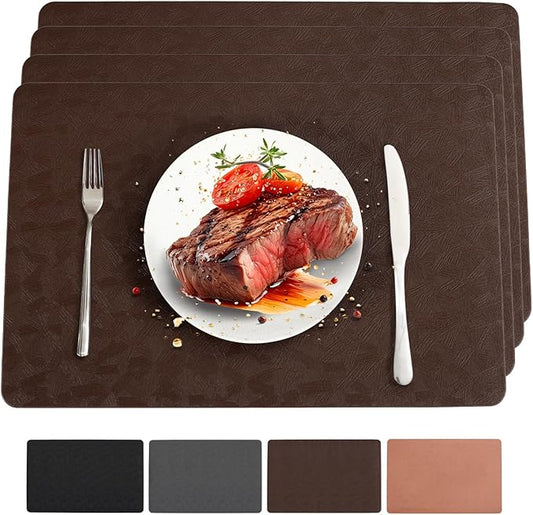 Bxzandya Vinyl Placemats Set of 4 Heat Resistant Easy Clean Non-Slip Place Mats for Dining Table Faux Leather Waterproof Stain Resistant Wipeable Washable PVC Table Mats(4, Brown)