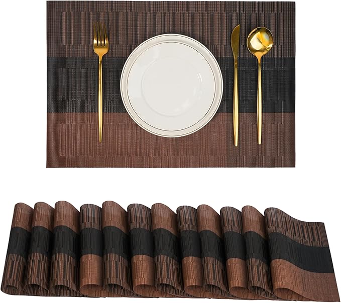 flohar Placemats Set of 12竊똍on-Slip PVC Weave Table Mats Easy to Clean竊똇eat Resistant Place Mats for Kitchen Dining Table Decoration Indoor Outdoor竊똁lack Brown