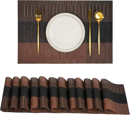 flohar Placemats Set of 12竊똍on-Slip PVC Weave Table Mats Easy to Clean竊똇eat Resistant Place Mats for Kitchen Dining Table Decoration Indoor Outdoor竊똁lack Brown