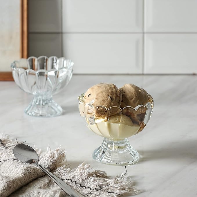 KMwares 6PCs Set 5oz Small Cute Footed Tulip Glass Dessert Bowls/Cups - Perfect for Dessert, Sundae, Ice Cream, Fruit, Salad, Snack, Cocktail, Condiment, Trifle and Christmas Holiday Party (Clear)