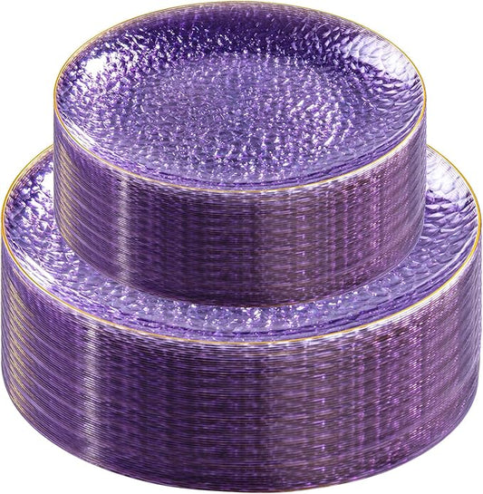 Rubtlamp 60Pcs Clear Purple Gold Plastic Plates, Purple Disposable Plates With Gold Rim, Hammered Plastic Plates Include 30 Clear Dessert Plates, 30 Dinner Plates for Party