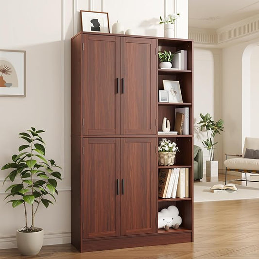 63" Tall Brown Kitchen Pantry, Freestanding Storage Cabinet with 4 Doors, Adjustable Shelves for Dining Room, Laundry Room
