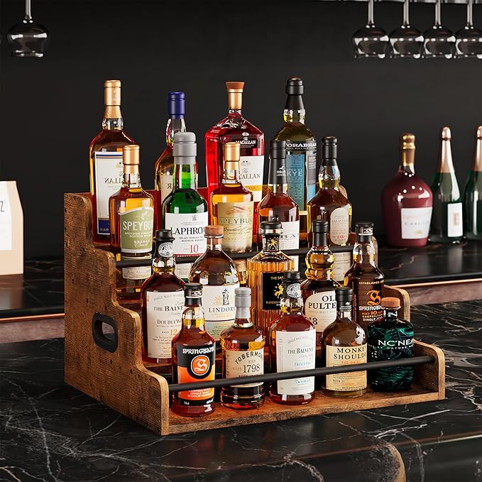 19.6?쓂 x 15.74" D x 12.5" H Inches Versatile 4-Step Coffee Syrup & Water Bottle Organizer Rack Multi-Functional Retro Display Shelf for Kitchen or Bar, Holds Liquor & Spirits, Wooden