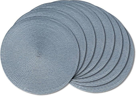 AHHFSMEI Round Braided Placemats 15 Inch Round Table Mats for Dining Tables Natural Woven Heat Resistant Place mats Set of 8 (Light Blue,8)