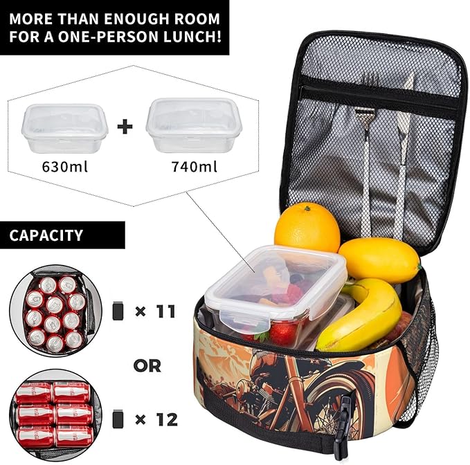 VANZEV Insulated Lunch Box for Women Men, Vintage Motorcycle Theme Lunch Box Reusable Portable Lunch Bag Cooler Tote Waterproof Lunch Container for Office Picnic Work Travel