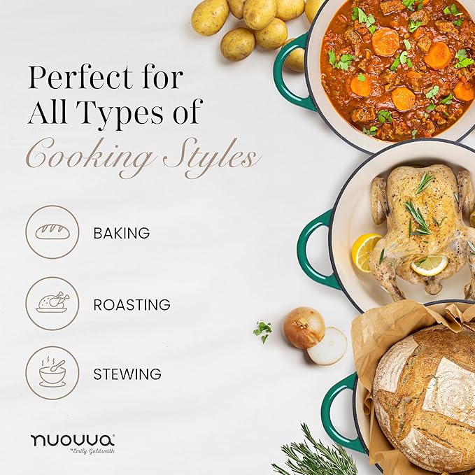 Nuovva Enamelled Cast Iron Dutch Oven Pot with Lid ??6.4 Quart Non Stick Casserole Pot ??Heavy Duty & Oven Safe up to 500째 F for Bread Baking, Braising, Stews, Roasting ??28cm Dark Green