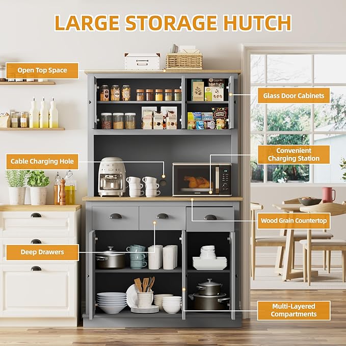 71" Kitchen Hutch with Charging Station, Tall Pantry Storage Cabinet with Microwave Stand, Adjustable Shelves, Slide Drawers, Large Buffet Pantry Cabinet for Kitchen, Dining Room, Grey