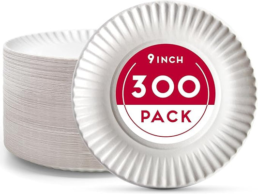 9-Inch Disposable Paper Plates - 300 Count - Bulk Pack of Uncoated Paper Plates for Everyday Use - Dinnerware for Meals, Parties And Picnics