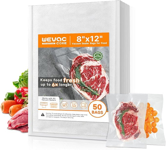 Wevac Vacuum Sealer Bags ??50 Count (8?냉?2??, Heavy-Duty BPA-Free Food Storage Bags, Puncture-Resistant, Freezer & Sous Vide Safe, Compatible with All Vacuum Sealers