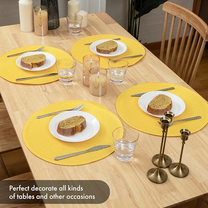 Winknowl Round Braided Placemats Set of 8 Washable Woven Heat Resistant Table Mats for Kitchen Dining Tables 15 inch Round Place Mats (Yellow,8pcs)