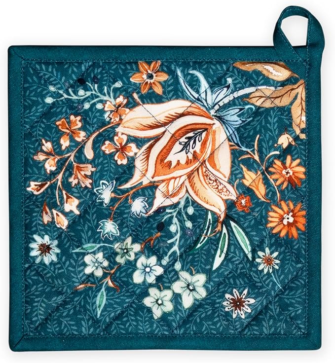 Maison d' Hermine Pot Holders 100% Cotton Heat Resistant Potholders 8" x 8" Hot Pads with Loop for Thanksgiving Christmas Decorations Baking Handling Hot Pans (Pack of 1, Luxury Loft - Dark Teal)