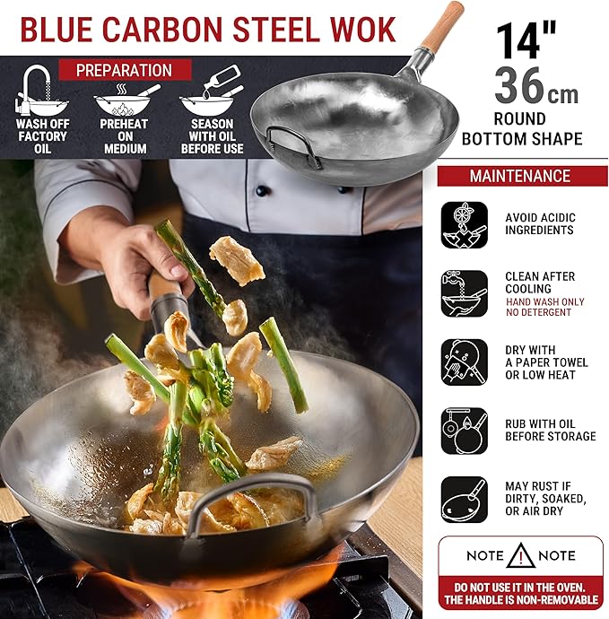 YOSUKATA 14??Round Bottom Carbon Steel Woks and Stir Fry Pans ??Unseasoned Pow Wok for Stir Fry, BBQ & Camping ??Hand-Hammered Traditional Japanese and Chinese Pan ??Gas Stove, Open Fire Only