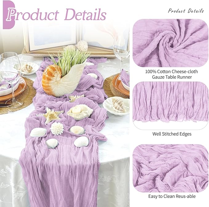 RealBox 6 Pack Lavender Cheesecloth Table Runner 17x108 Inch Semi Sheer Boho Gauze Cheese Cloth Fabric Table Runners Table Decor for Wedding Party Baby Shower Birthday Home Decor Garden Farmhouse