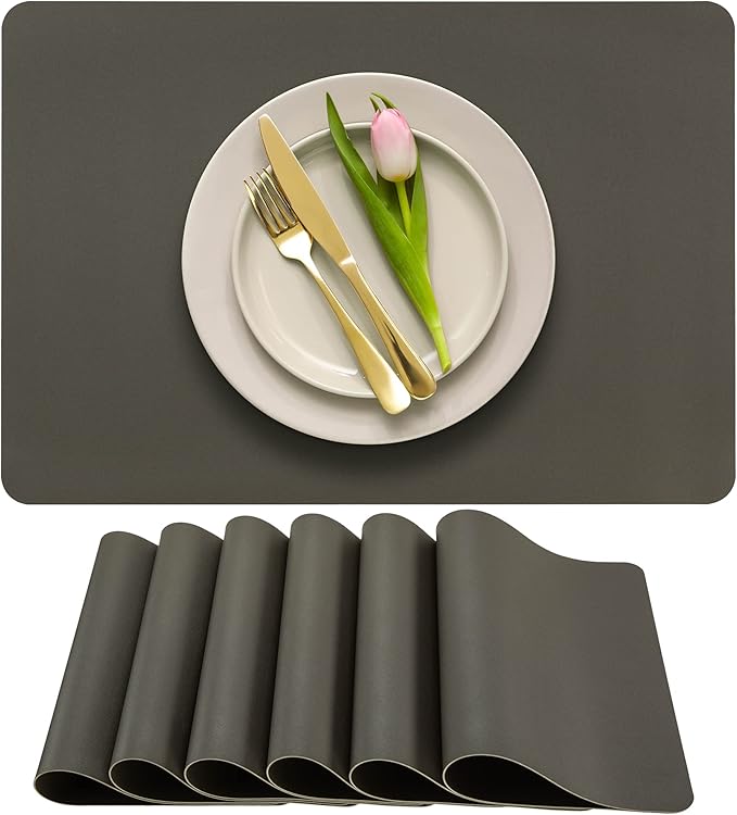 More D챕cor Faux Leather Placemats Set of 6 for Dining Table ??Waterproof, Wipeable, Washable, Stain & Heat Resistant, Non-Slip Table Mats ??12 X 17 Inch, (Solid Dark Grey, 6)