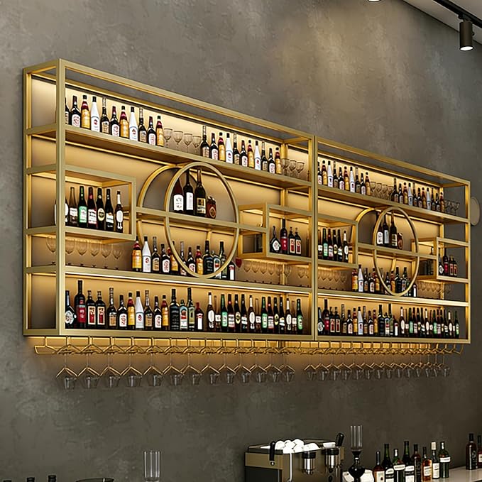55in Wine Rack Wall Mounted, Large Capacity Hanging Wine Bottles Display Shelf with Glasses Holder, 4 Tier Industrial Bar Liquor Storage Shelves for Home Bar Kitchen,Living Room (Gold, 110in)