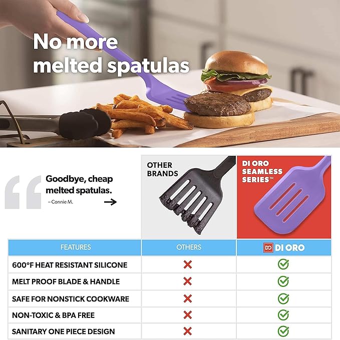 New DI ORO Silicone Turner Spatula Set - Kitchen Spatulas for Nonstick Cookware - Cooking Utensils for Flipping Eggs & Pancake - 600째F Heat-Resistant BPA Free Turners - Dishwasher Safe (4pc, Lavender)