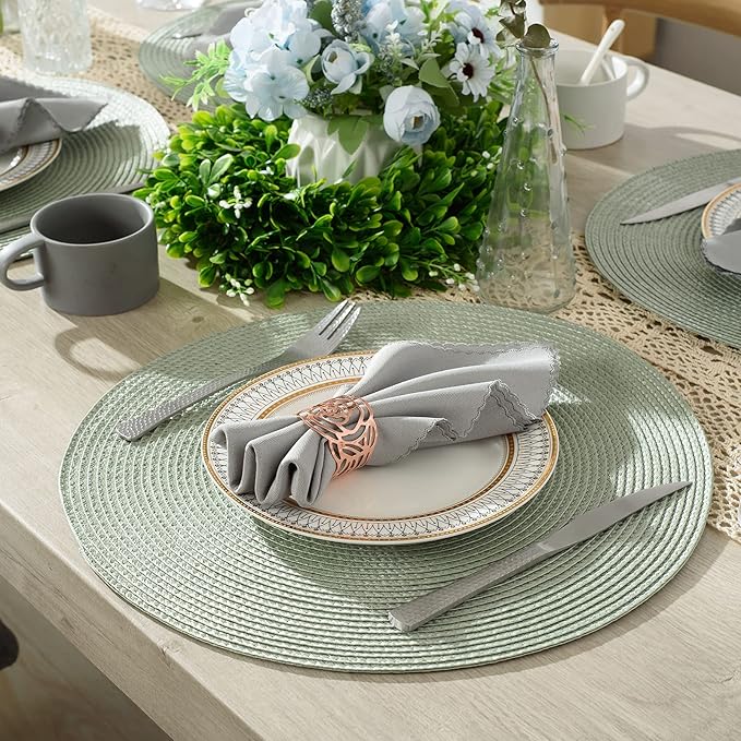 AHHFSMEI Round Braided Placemats 15 Inch Round Table Mats for Dining Tables Natural Woven Heat Resistant Place mats Set of 8 (Sage Green,8)