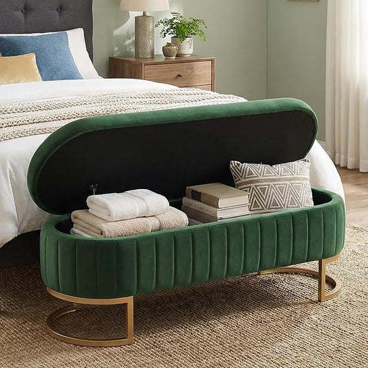VIROL 65 Inch Storage Ottoman Bench Velvet End of Bed Storage Bench King Size Upholstered Tufted Bench Large Space for Bedroom Living Room Entryway Green