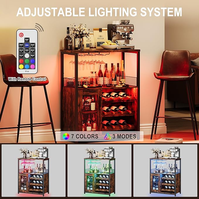 Vintage Industrial Wine Bar Cabinet with Adjustable Wine Racks and Glass Holders, Mesh Door Sideboard Storage Cabinet for Living Room, Kitchen, Dining Room, Compact Design,Retro Color with Light