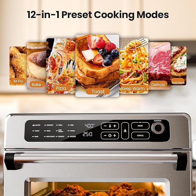 Kismile 25QT Air Fryer Toaster Oven Combo, 12-in-1 Large Countertop Convection Airfryer Oven, 70??50?? Bake, Roast, Reheat, Broil, Fits 12??Pizza, Includes Full Accessories, Stainless Steel(Silver)