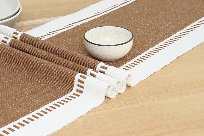 PurpleEssences Table Runner - Wide with Dobby Stripe, Heavy Ribbed Weave & Double Knot Fringes, 14x72 Inch (14x77.5 with Fringes) Farmhouse Decor -Christmas Holiday Winter- Nut Brown and H.White