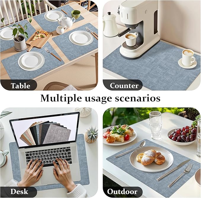 FROMHEART Faux Leather Placemats Set of 8?밯aterproof,Heat/Oil Stain-Resistant PU Table Mat?밨eversible,Non-Slip,Easy to Clean Place Mats for Kitchen,Dining,Indoor/Outdoor,(Light Blue,11.8" x 17")