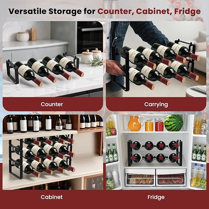 Stackable 4 Bottles Wine Rack ??Compact Metal Wine Holder for Countertop, Cabinet, Pantry, Bar, or Small Spaces ??Small Freestanding Wine Storage Organizer for Tight Spaces (1 Tier, Black)