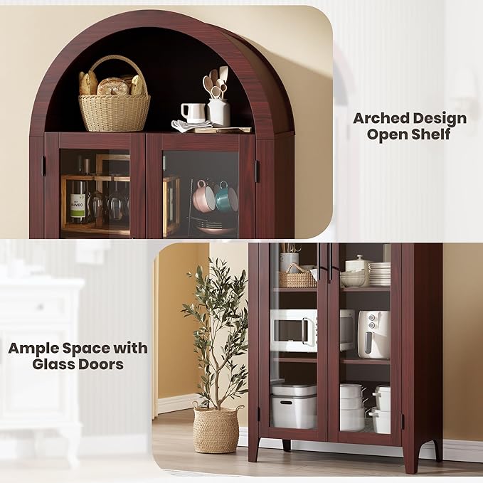 GarveeHome Arched Kitchen Pantry Cabinet - Farmhouse 5 Tier Display Shelf with Adjustable Shelf and 2 Large Glass Doors, Versatile Storage Cupboard for Kitchen, Dining Room, Living Room, Walnut