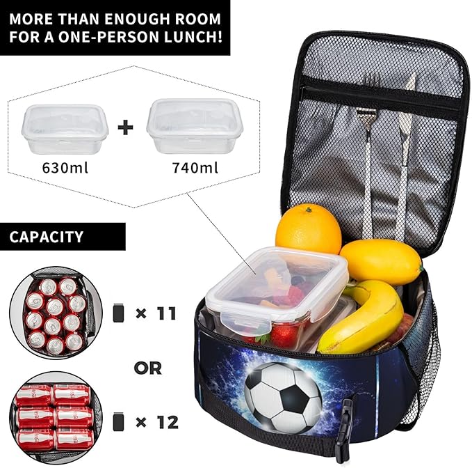 YIJIUWKIS Sports Lunch Box with Soccer Pattern Print, Blue Insulated Lunch Bag for Kids Teens Boys Girls, Reusable Lunch Bag Ice Packs Containers Tote Handbag with Water Bottle Holder and Handle