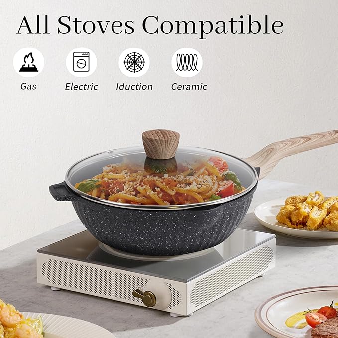 Pots and Pans Set Non Stick, 17Pcs Kitchen Cookware Sets, Granite Stone Induction Cookware Non Stick Cooking Set w/Frying Pans, Saucepans, Saut챕 Pan (PFOA Free), Black