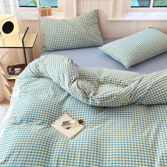 LifeTB Twin XL Comforter Set Blue Yellow Gingham Comforter for Men Boys Modern Plaid Grid Pattern Comforter Set Soft Lightweight Bedding Set Fluffy Boho Plaid Checkered Comforter with 2 Pillowcases
