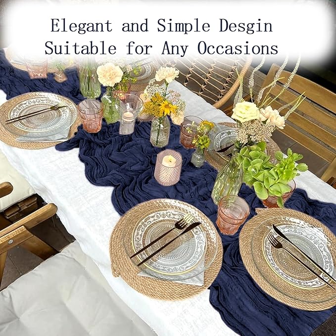 4 Pack Navy Blue Cheesecloth Table Runner 20 x 120 inch Gauze Table Runners 10 FT Long,Semi Sheer Boho Cheese Cloth Fabric Table Runner Bulk for Wedding,Party,Baby Shower,Bridal Shower Decoration