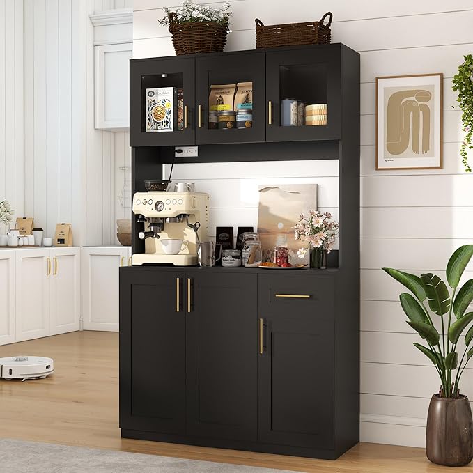 Kitchen Hutch Storage Cabinet: 71" Tall Black Pantry Cabinet with Microwave Shelf, Shaker Style Food Storage Cabinets with Doors and Countertop, with Lights and Charging Station (Black)