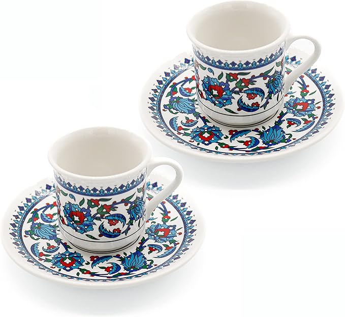 Turkish Coffee Cup Set of 2 with Saucers & Holder ??Ceramic, Dishwasher-Safe, Keeps Warm ??Patterned Turkish Espresso Cups Set for Home & Office (Standart, 2, Count)