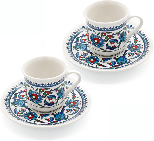 Turkish Coffee Cup Set of 2 with Saucers & Holder ??Ceramic, Dishwasher-Safe, Keeps Warm ??Patterned Turkish Espresso Cups Set for Home & Office (Standart, 2, Count)