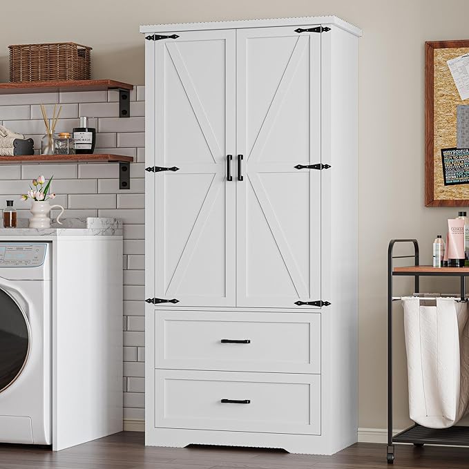 Pantry Organizers and Storage Cabinet, 71??Barn Door White Kitchen Cabinet with Drawers and Adjustable Shelf, Tall Pantry for Kitchen, Dining Room, Living Room. Bathroom and Office