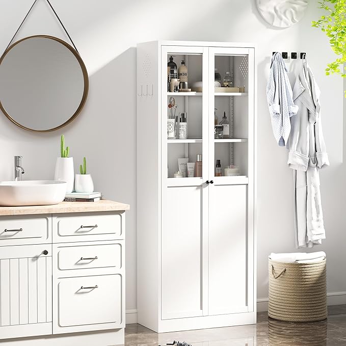 72" H White Steel Kitchen Pantry Cabinet with Glass & Metal, Steel Storage Cabinet with Adjustable Shelves, Heavy Duty Freestanding Utility Cabinet for Dining/Living Room, Assembly Required